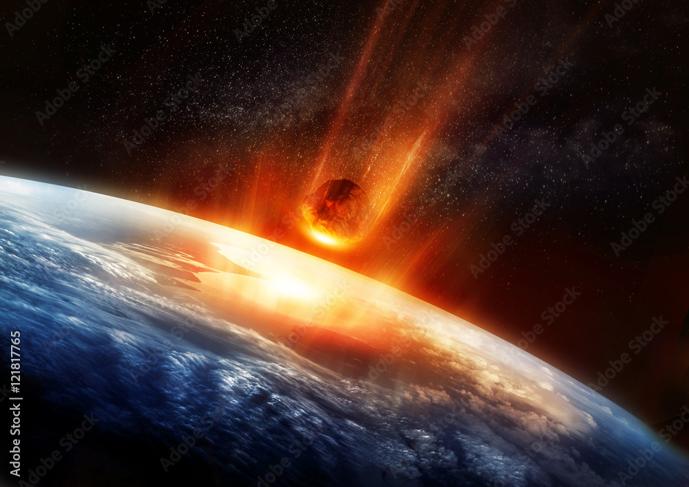 A large Meteor burning and glowing as it hits the earth's atmosphere. 3D illustration. - obrazy, fototapety, plakaty 