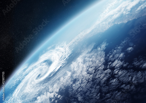 Plakat Planeta ziemia z kosmosu z bliska z formacjami chmur. Ilustracja