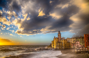 Wall Mural - The Church and the wave in Camogli, Italy