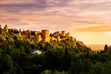 Beautiful Sunset View Of Spain's Main Tourist Attraction, Ancient Arabic Fortress Of Alhambra, Granada, Spain