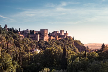 Wall Mural - Beautiful sunset view of Spain's main tourist attraction, ancient arabic fortress of Alhambra, Granada, Spain