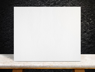 Blank paper white poster on marble table top with leg at blur bl