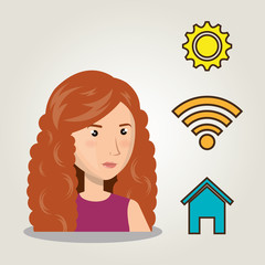 avatar woman with mobile chat and social media icon set. vector illustration