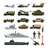 Military Vehicles Object Set, Side View, Army, Air Force, Navy, Marine, Icons