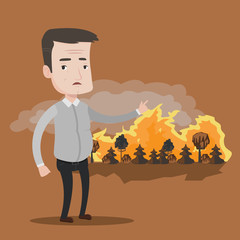 Poster - Man standing on background of wildfire.