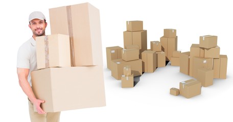 Poster - Composite image of delivery man carrying cardboard boxes