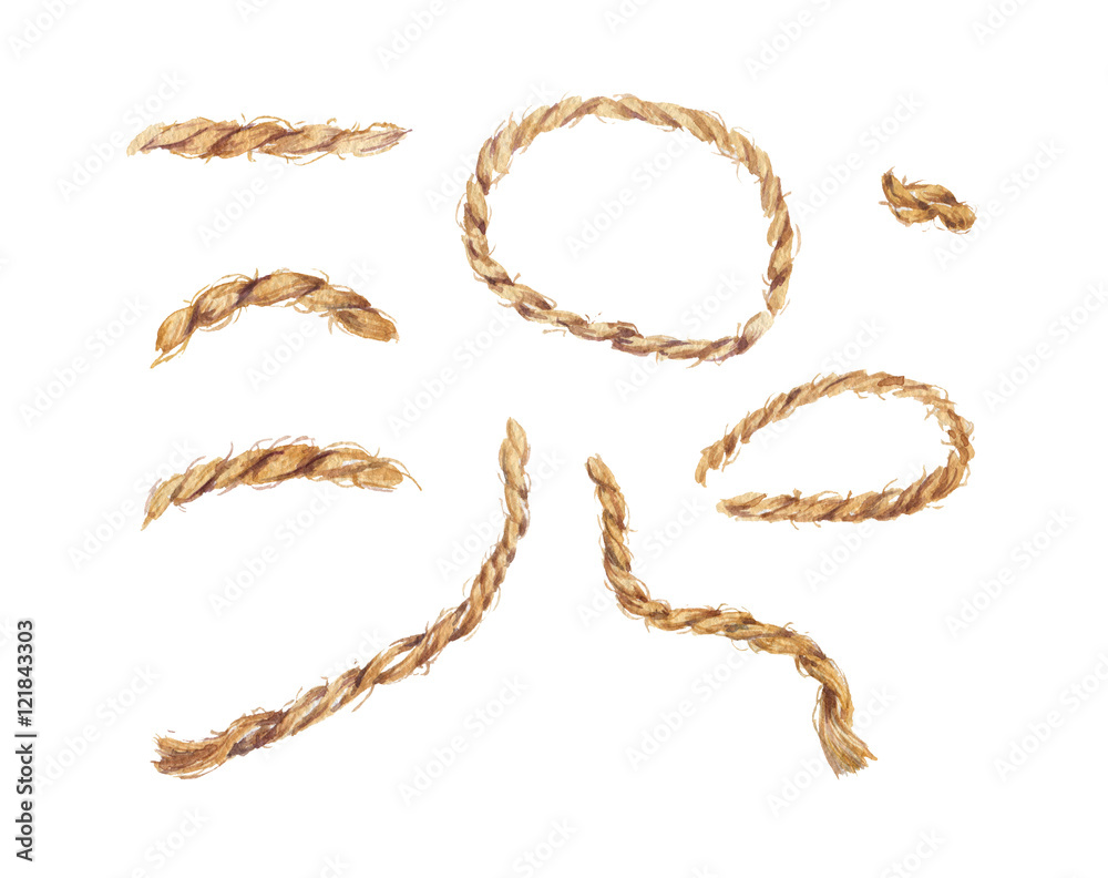 Watercolor hand drawn background with the linen rope. Set of cable ...
