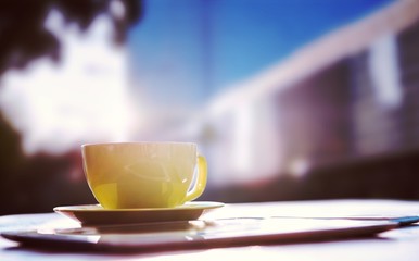 Poster - Composite image of cup of coffee and tablet pc