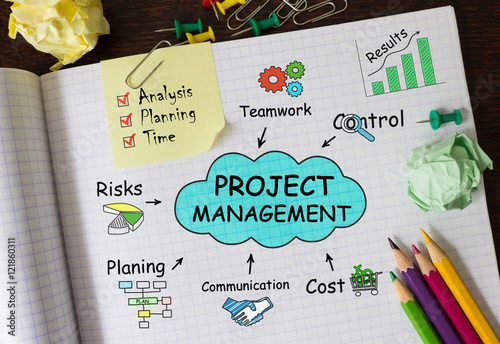 Fotografía Notebook with Toolls and Notes about Project Management,concept