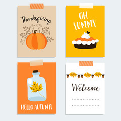 Wall Mural - Set of cute hand drawn thanksgiving cards. Autumn, fall design with pumpkin, pumpkin pie, oak, maple leaves and acorns. Vector.