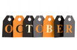 October tag on colored hanging labels isolated on white background