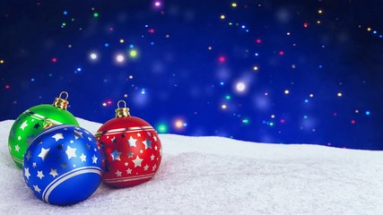 Wall Mural - colorful christmas balls in snow on bokeh background. Seamless loop. 3D render.
