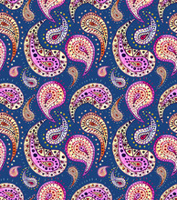Repeat Pattern With Watercolor Bright Pink Paisley On Blue Background