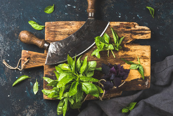 Wall Mural - Fresh green basil and vintage herb chopper on rustic wooden board, top view, horizontal composition