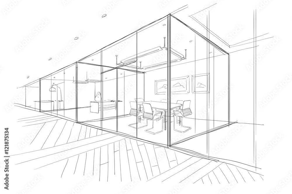 Hand drawn sketch of the office space. - obrazy, fototapety, plakaty 