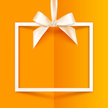 White Vector Gift Box Frame With Silky Bow And Ribbon On Orange Folded Paper Background