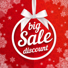 white vector christmas ball frame with silky bow, discount label on red pattern background with snow