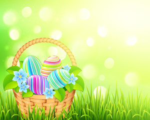 Vector basket with easter eggs on bokeh light effect green field