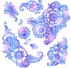 Wall Mural - Blue hand-drawn vector flowers set in mehndi style