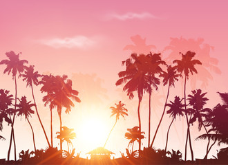 Wall Mural - Palms silhouettes at pink sunset sky, vector background