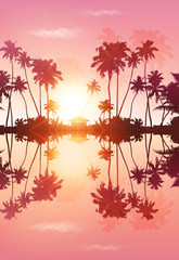 Wall Mural - Pink sky romantic vector palms silhouettes with reflection