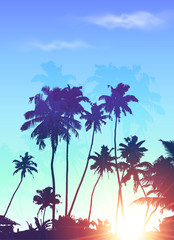 Wall Mural - Blue sunrise palms silhouettes vector poster background