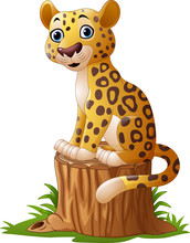 Cartoon Leopard Sitting On Tree Stump

