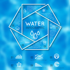 Poster - Water infographic vector template with texture blurred background and line aqua icons