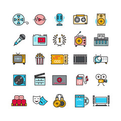 Wall Mural - Multimedia sound audio music radio video thin line vector icons with flat elements