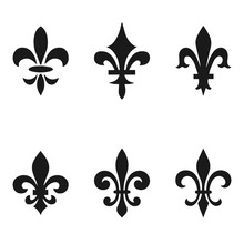 Collection Of Fleur De Lis Symbols, Black Silhouettes - Heraldic Symbols. Vector Illustration. Medieval Signs. Glowing French Fleur De Lis Royal Lily. Elegant Decoration Symbols.