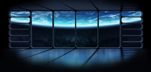 Wall Mural - View of the planet earth from a huge spaceship window 3D renderi