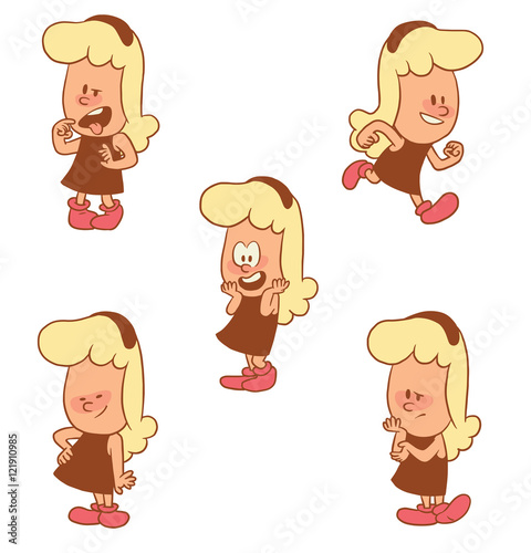 Fotografie, Tablou Vector cartoon set of cute little girls: holding one hand on her waist, with a worried expression on face, rejoicing, showing disgust and running on a white background
