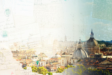 Wall Mural - Vintage postcard of skyline of Rome city at day, Italy