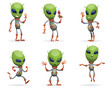 Vector set of cartoon images of funny green aliens with big eyes and small antennas on their heads in gray-orange spacesuits on a white background. Positive character. Vector illustration.