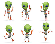 Vector Set Of Cartoon Images Of Funny Green Aliens With Big Eyes And Small Antennas On Their Heads In Gray-orange Spacesuits On A White Background. Positive Character. Vector Illustration.