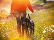 Young woman with her dog walking.