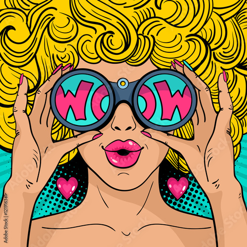 Naklejka - mata magnetyczna na lodówkę Wow pop art face. Sexy surprised woman with blonde curly hair and open mouth holding binoculars in her hands with inscription wow in reflection. Vector background in pop art retro comic style.