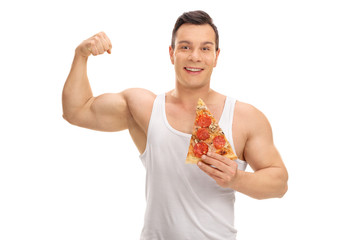 Wall Mural - Man holding a slice of pizza and flexing his bicep