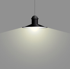 Ancient black lamp hanging on the wire. Big and empty space illuminated on the grey wall. Vector illustration of lighting.