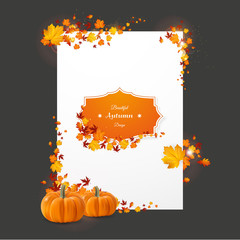 Wall Mural - White flyer in autumn thanksgiving theme. Vector autumn design. with leaves and photorealisitc pumpkin.

