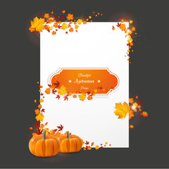 Wall Mural - White flyer in autumn thanksgiving theme. Vector autumn design. with leaves and photorealisitc pumpkin.

