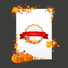 Wall Mural - White flyer in autumn thanksgiving theme. Vector autumn design. with leaves and photorealisitc pumpkin.

