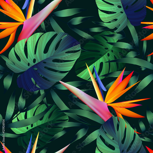 Cuadros en Lienzo Tropical flowers, jungle leaves, bird of paradise flower.