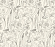 Hand-drawn seamless doodles pattern with different vegetables: tomato, onion, beet, cucumber etc. Harvest repeated background. Line art