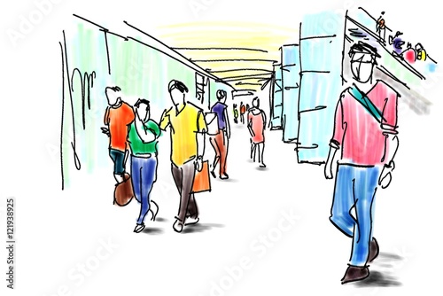 People Walking In Shopping Mall Free Hand Sketch Buy This Stock Illustration And Explore Similar Illustrations At Adobe Stock Adobe Stock