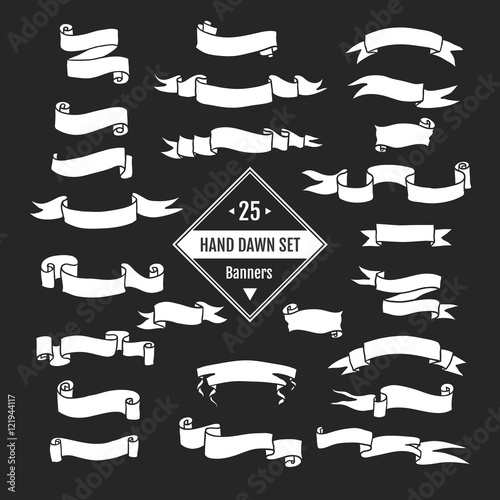 Vector Hand Drawn Big Set Of Ribbon Banners And Arrows Isolated On