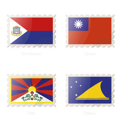 Wall Mural - Postage stamp with the image of Sint Maarten, Taiwan, Tibet, Tokelau flag.