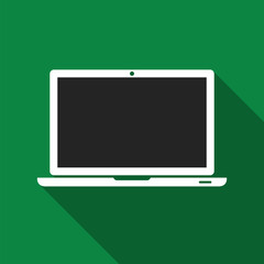 Fototapete - Laptop icon on green background with shadow. Simple notebook sign with blank screen in flat style. Notebook symbol for web site design, logo, app. Vector illustration.