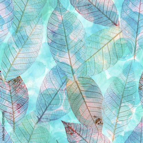 Obraz w ramie Powtarzający się wzór z liśćmi na błękitnym tle