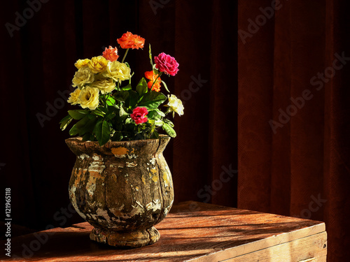 Still Life Of Flower Vase Arrangement Of Country Rose In Vintage